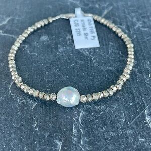 Elegant Akoya Pearl and Pyrite Faceted Gold Beaded Bracelet 7”